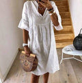 Women's V-Neck Flared Sleeve A-Line Mini Dress – Lace Stitching