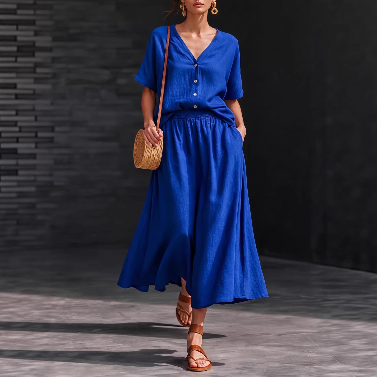 Women's Cotton-Linen V-Neck Button-Up Top & Long Skirt Set